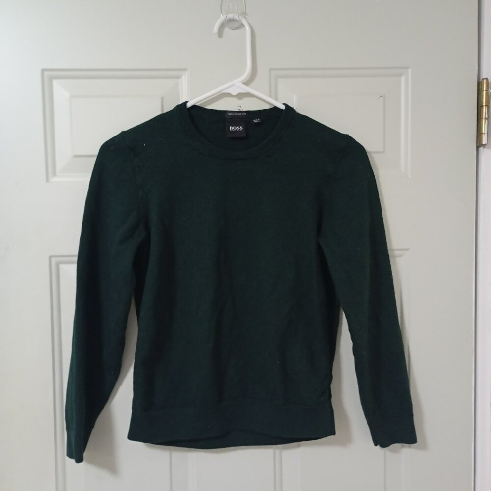 Hugo Boss Boys Large 100% Virgin Wool Crewneck Sweater Regular Fit Dark Green